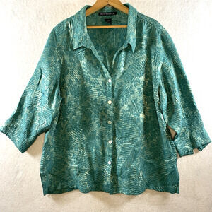 Women Button Up Tunic Top Sz 2X Teal Botanical Iridescent Crinkle Texture Collar